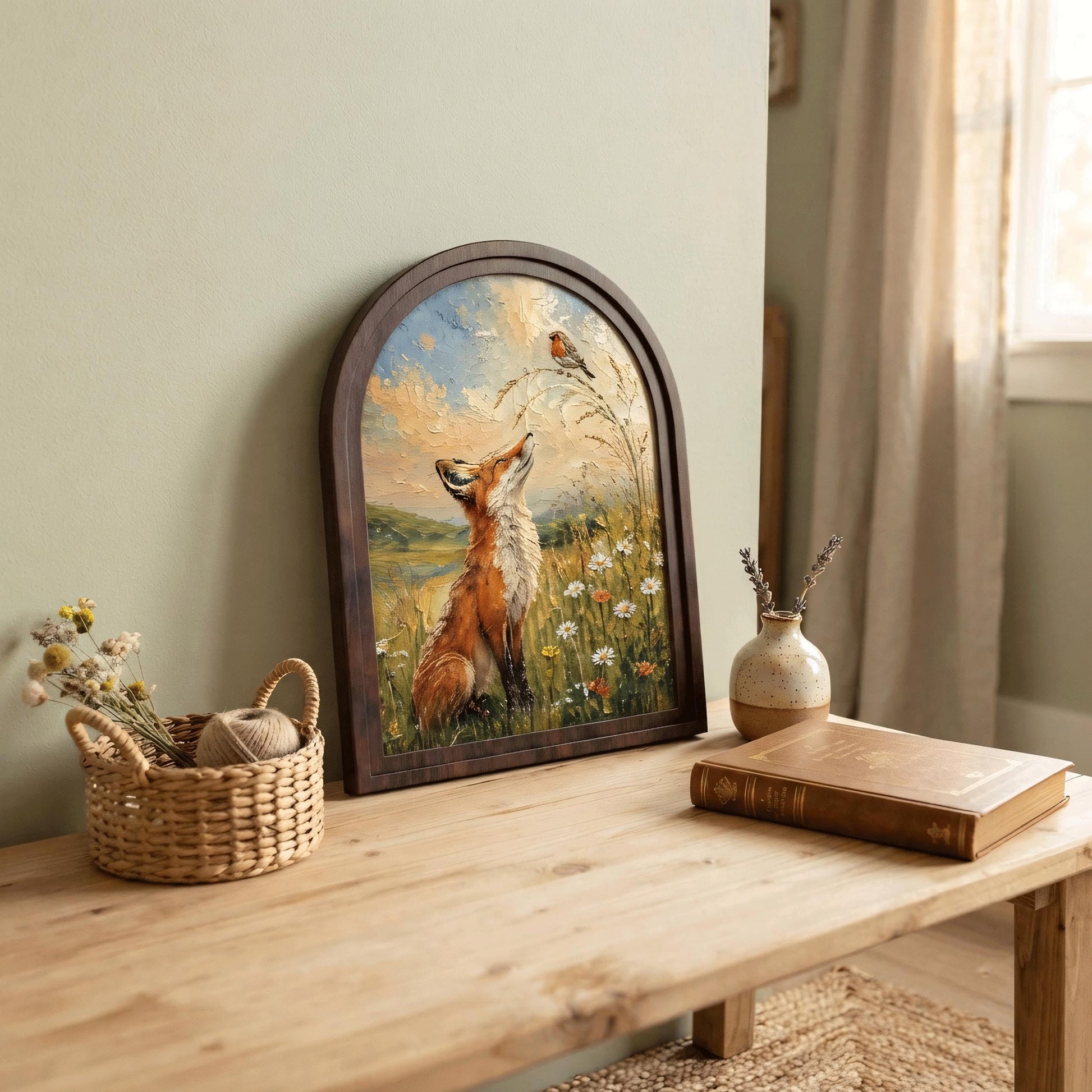 Fox and Robin Wall Art, Whimsical Woodland Animal Painting, Arched Wood Frame, Cottagecore Nature Decor, Wildlife Lover Gift - Image 7