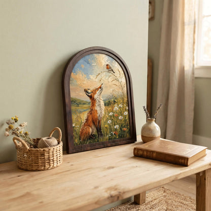 Fox and Robin Wall Art, Whimsical Woodland Animal Painting, Arched Wood Frame, Cottagecore Nature Decor, Wildlife Lover Gift - Image 7