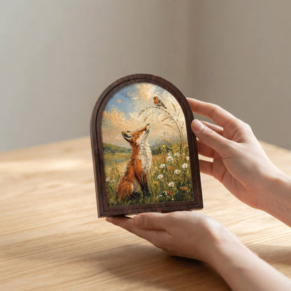 Fox and Robin Wall Art, Whimsical Woodland Animal Painting, Arched Wood Frame, Cottagecore Nature Decor, Wildlife Lover Gift - Image 4