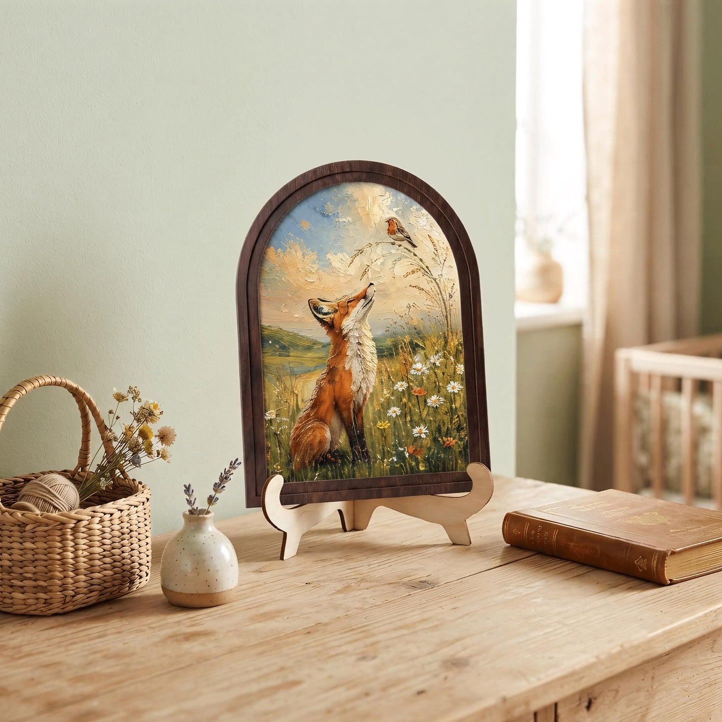 Fox and Robin Wall Art, Whimsical Woodland Animal Painting, Arched Wood Frame, Cottagecore Nature Decor, Wildlife Lover Gift - Image 8