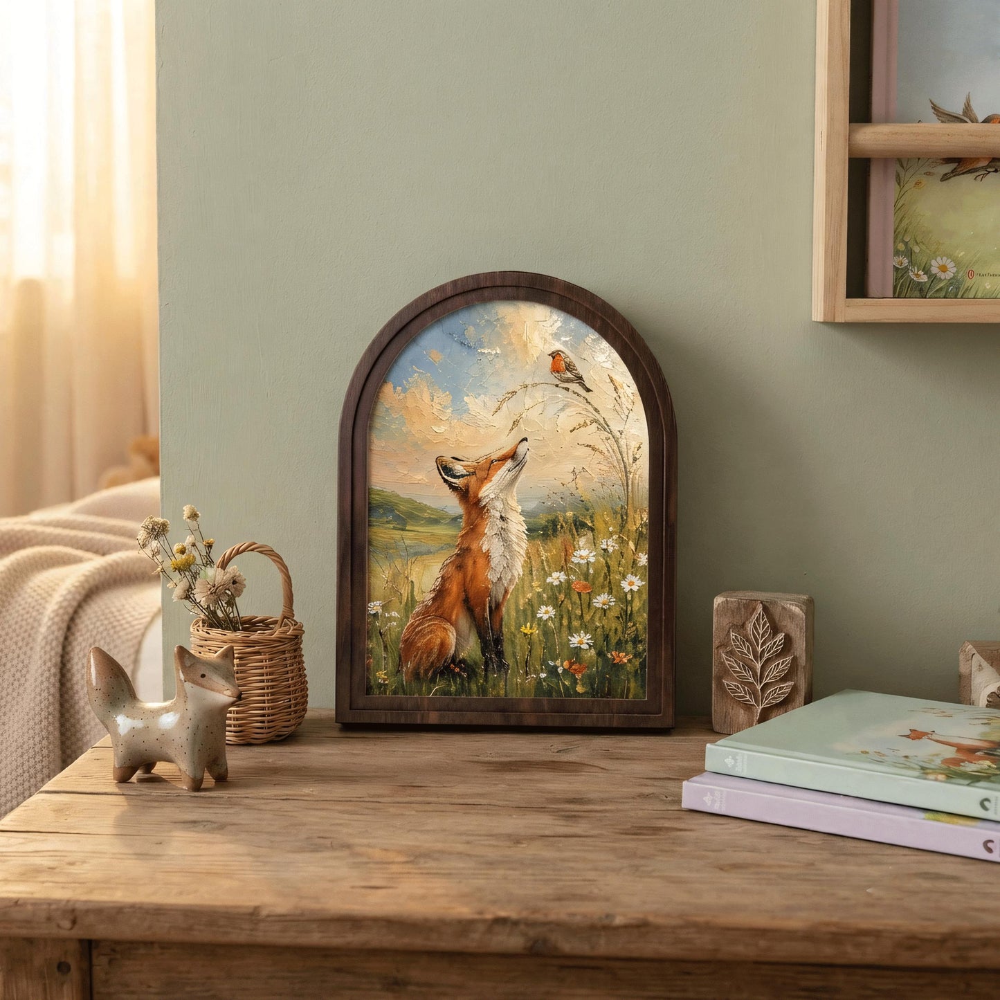 Fox and Robin Wall Art, Whimsical Woodland Animal Painting, Arched Wood Frame, Cottagecore Nature Decor, Wildlife Lover Gift - Image 5