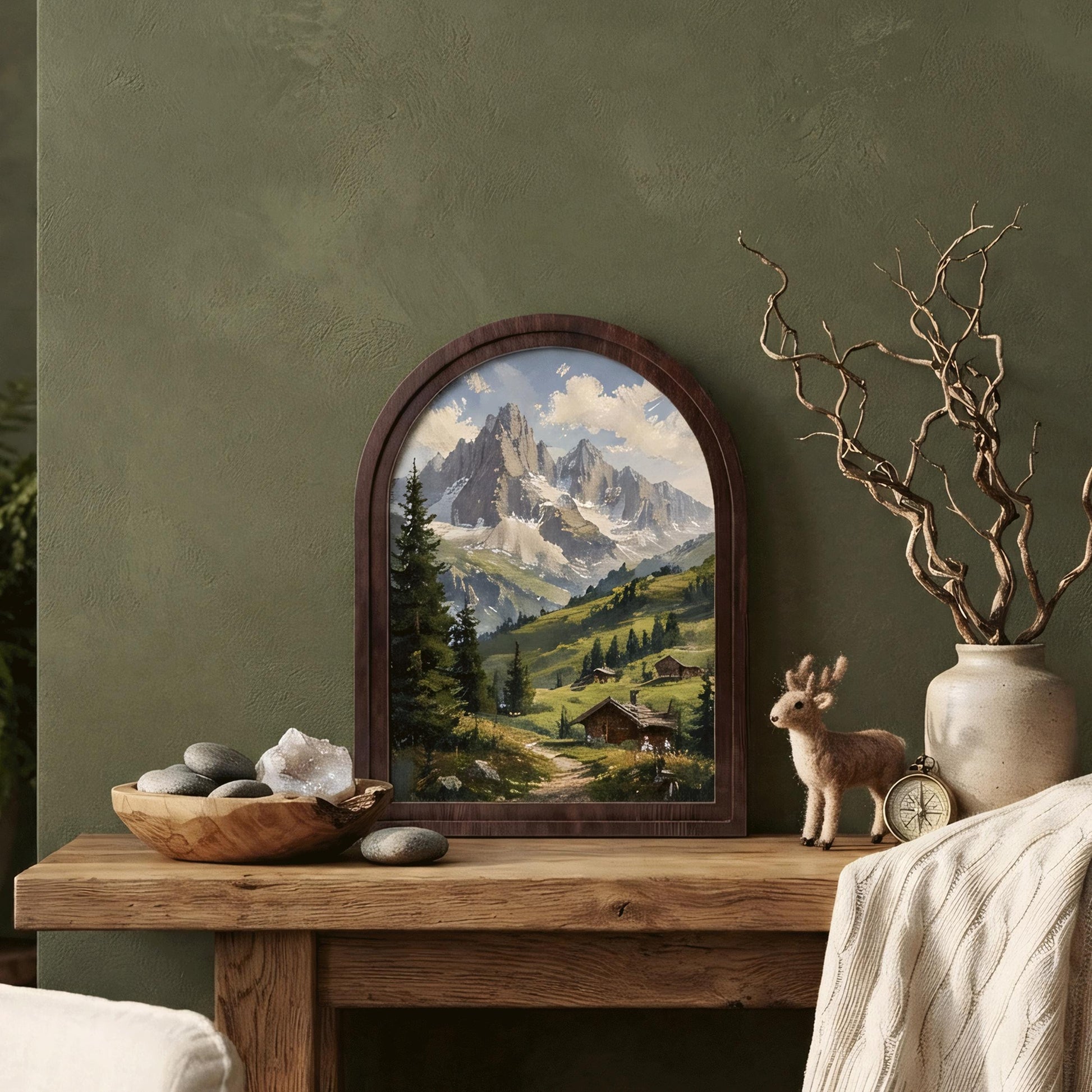 Majestic Alpine Mountain Wall Art, Rustic Cabin Landscape Painting, Arched Wood Frame, Mountain Lodge Decor, Nature Lover Gift - Image 4