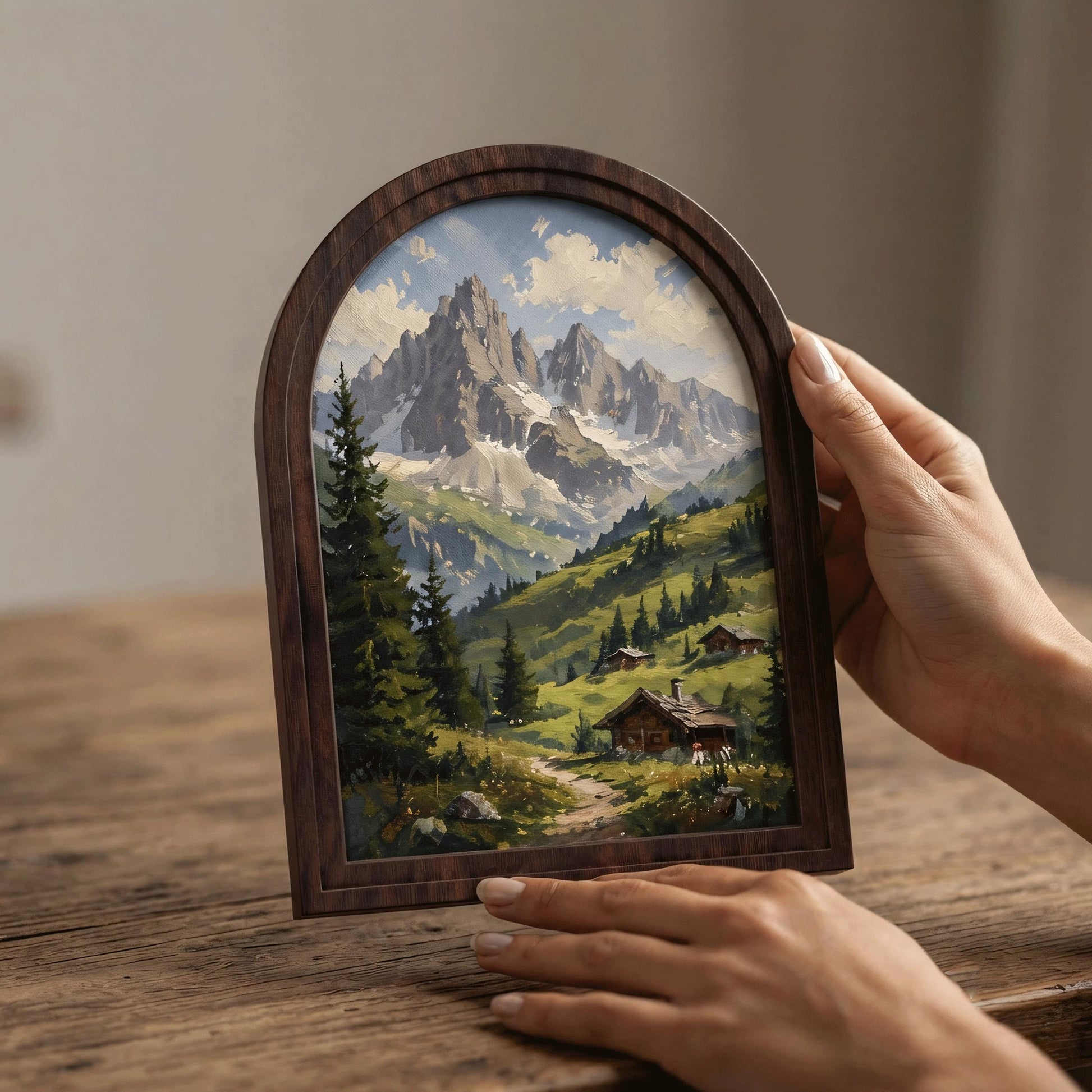 Majestic Alpine Mountain Wall Art, Rustic Cabin Landscape Painting, Arched Wood Frame, Mountain Lodge Decor, Nature Lover Gift - Image 3