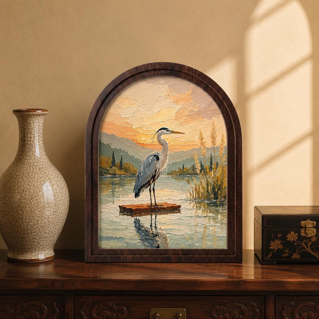 Great Blue Heron Wall Art, Arched Wooden Frame Vintage Nature Print, Peaceful Lakeside Landscape Decor, Rustic Home & Bedroom Accent - Image 2