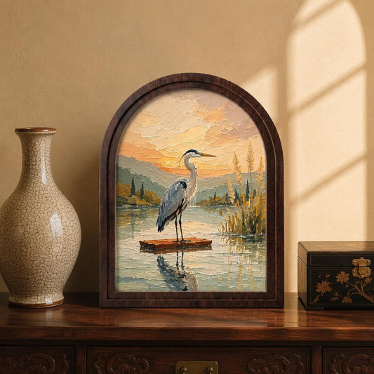 Great Blue Heron Wall Art, Arched Wooden Frame Vintage Nature Print, Peaceful Lakeside Landscape Decor, Rustic Home & Bedroom Accent - Image 2