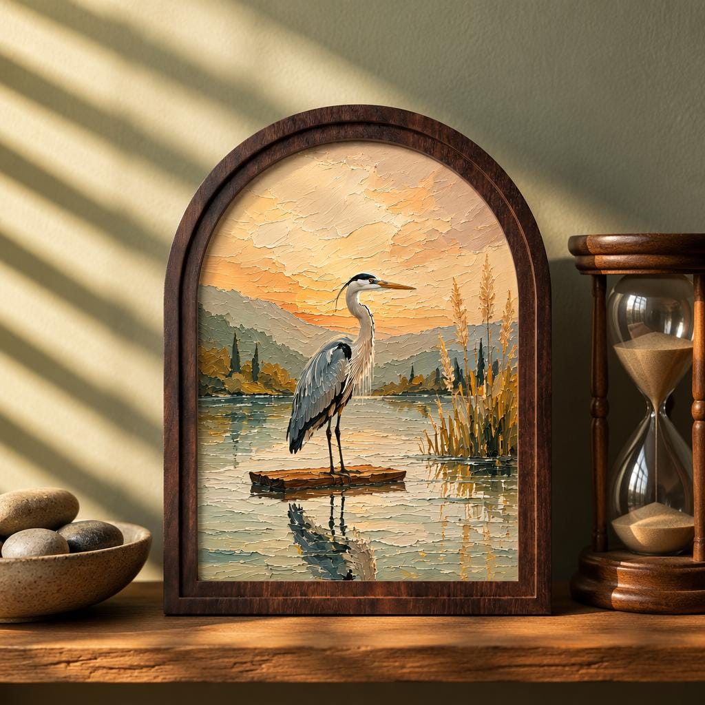 Great Blue Heron Wall Art, Arched Wooden Frame Vintage Nature Print, Peaceful Lakeside Landscape Decor, Rustic Home & Bedroom Accent - Image 1