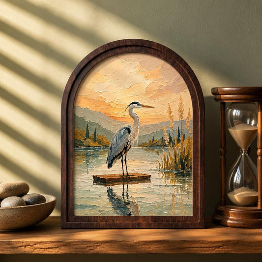 Great Blue Heron Wall Art, Arched Wooden Frame Vintage Nature Print, Peaceful Lakeside Landscape Decor, Rustic Home & Bedroom Accent - Image 1