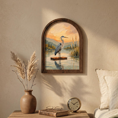 Great Blue Heron Wall Art, Arched Wooden Frame Vintage Nature Print, Peaceful Lakeside Landscape Decor, Rustic Home & Bedroom Accent - Image 5