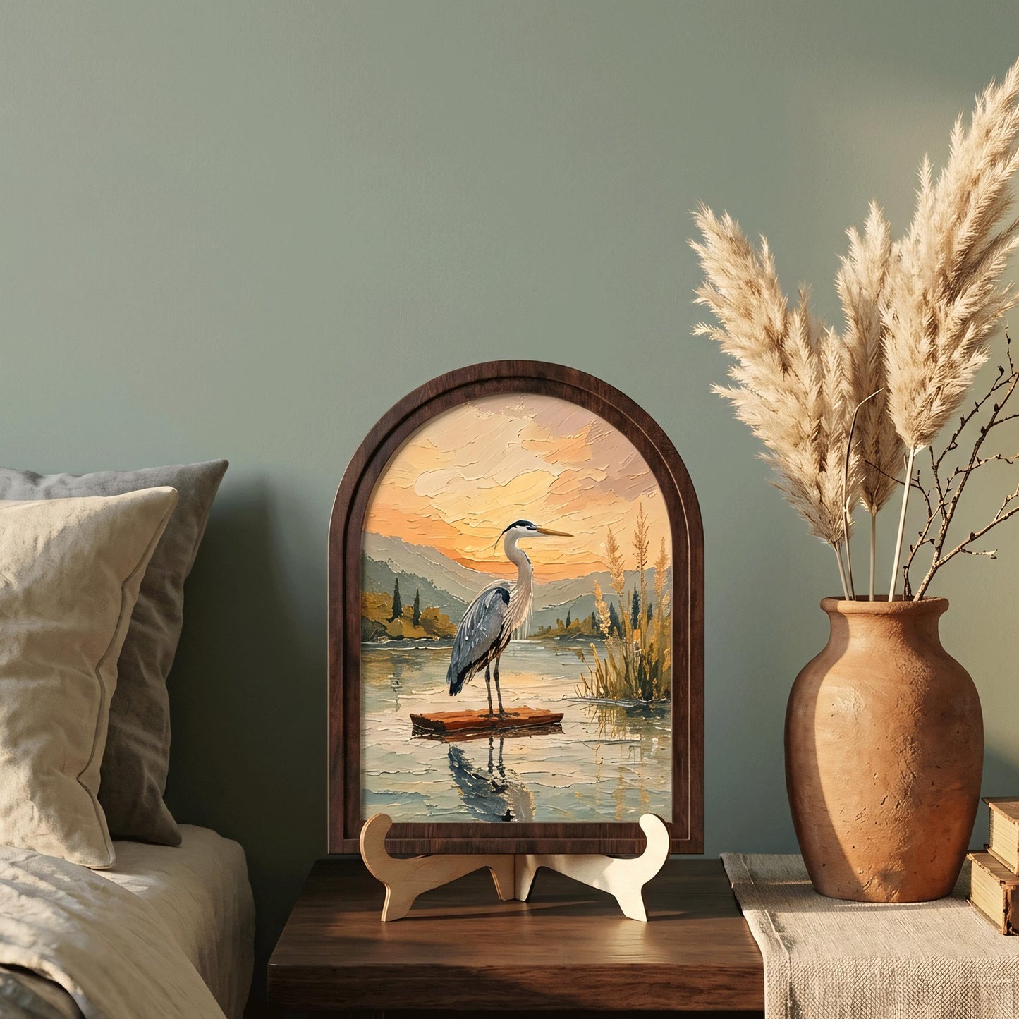 Great Blue Heron Wall Art, Arched Wooden Frame Vintage Nature Print, Peaceful Lakeside Landscape Decor, Rustic Home & Bedroom Accent - Image 7