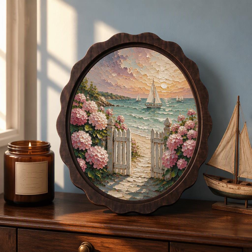 Coastal Cottage Wall Art, Wavy Oval Wood Frame, Hydrangea Beach Path Canvas, Nautical Floral Decor, Nature Lover Gift - Image 2