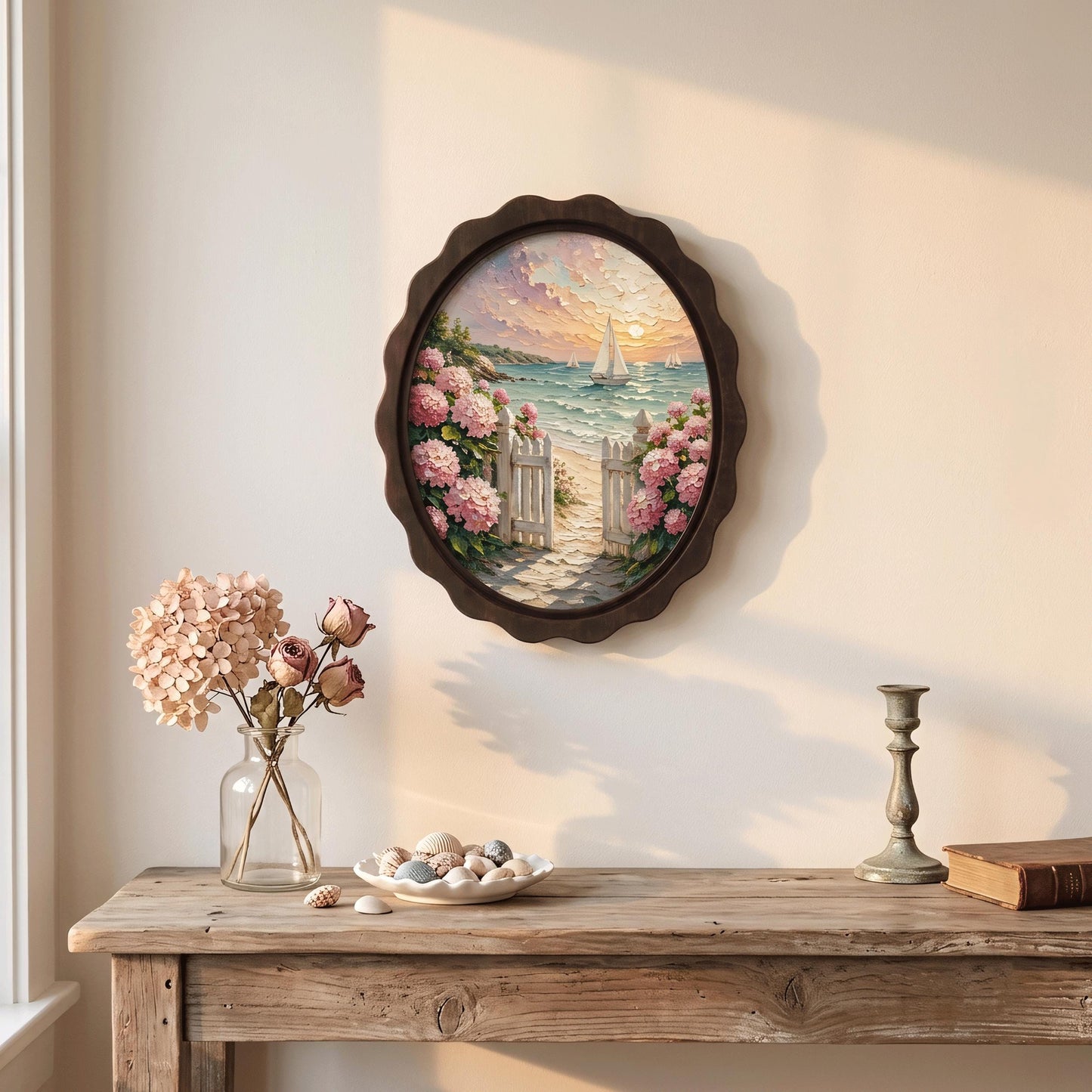 Coastal Cottage Wall Art, Wavy Oval Wood Frame, Hydrangea Beach Path Canvas, Nautical Floral Decor, Nature Lover Gift - Image 5