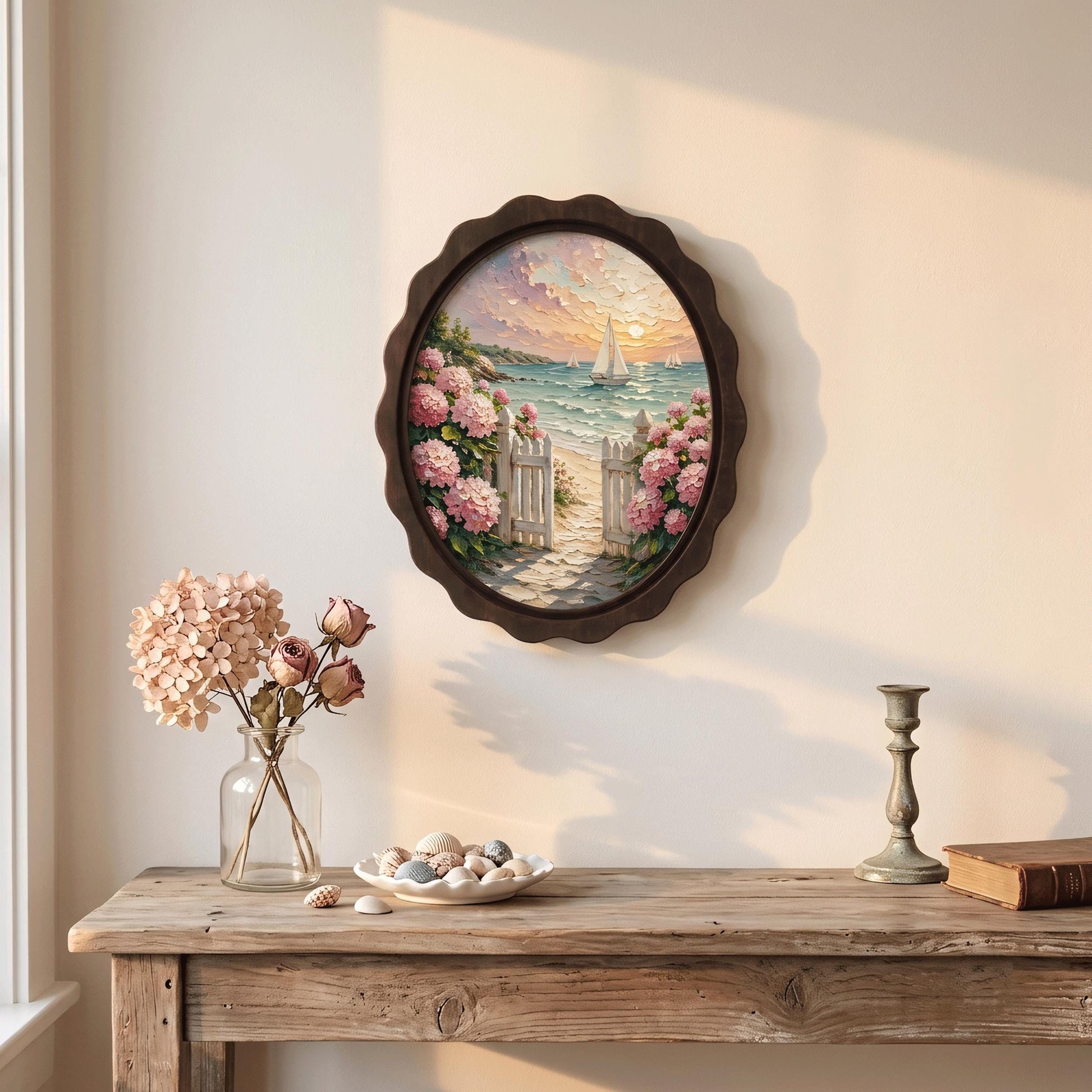 Coastal Cottage Wall Art, Wavy Oval Wood Frame, Hydrangea Beach Path Canvas, Nautical Floral Decor, Nature Lover Gift - Image 5