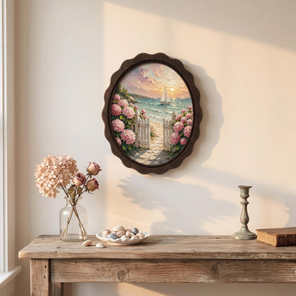Coastal Cottage Wall Art, Wavy Oval Wood Frame, Hydrangea Beach Path Canvas, Nautical Floral Decor, Nature Lover Gift - Image 5