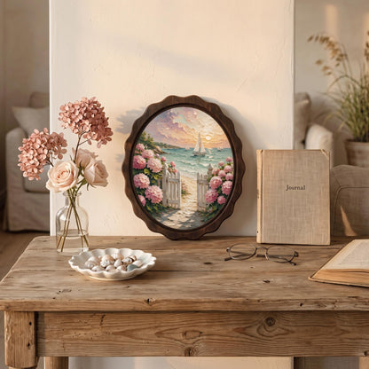 Coastal Cottage Wall Art, Wavy Oval Wood Frame, Hydrangea Beach Path Canvas, Nautical Floral Decor, Nature Lover Gift - Image 6