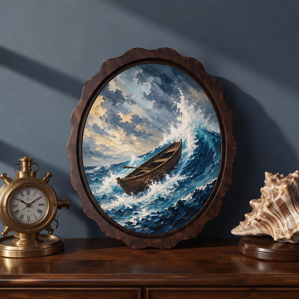 Stormy Ocean Boat Wall Art, Wavy Oval Wood Frame Canvas, Vintage Coastal Seascape Print, Nautical Home Decor, Dramatic Sea Wall Hanging - Image 1