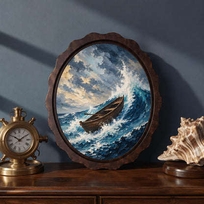 Stormy Ocean Boat Wall Art, Wavy Oval Wood Frame Canvas, Vintage Coastal Seascape Print, Nautical Home Decor, Dramatic Sea Wall Hanging - Image 1