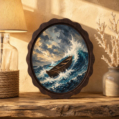 Stormy Ocean Boat Wall Art, Wavy Oval Wood Frame Canvas, Vintage Coastal Seascape Print, Nautical Home Decor, Dramatic Sea Wall Hanging - Image 2
