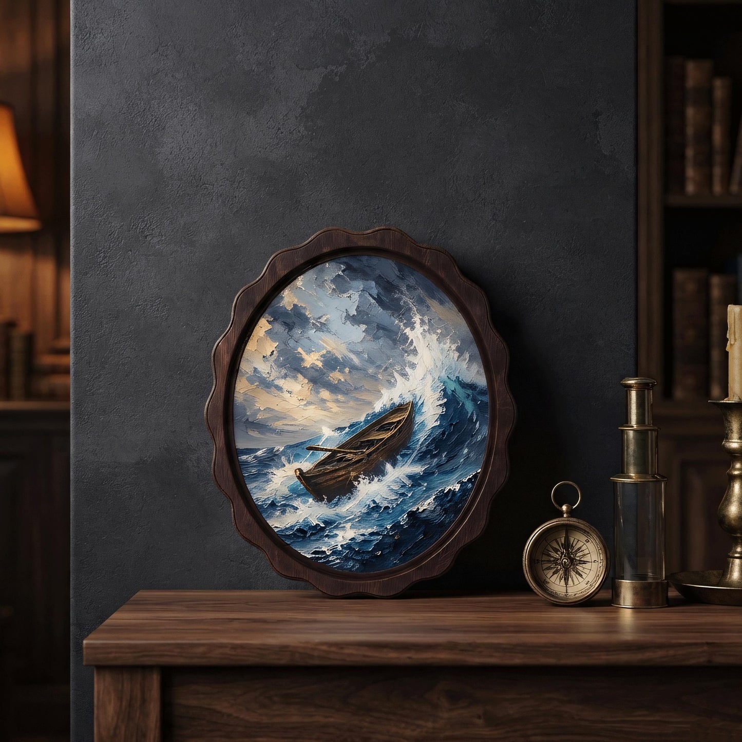Stormy Ocean Boat Wall Art, Wavy Oval Wood Frame Canvas, Vintage Coastal Seascape Print, Nautical Home Decor, Dramatic Sea Wall Hanging - Image 6