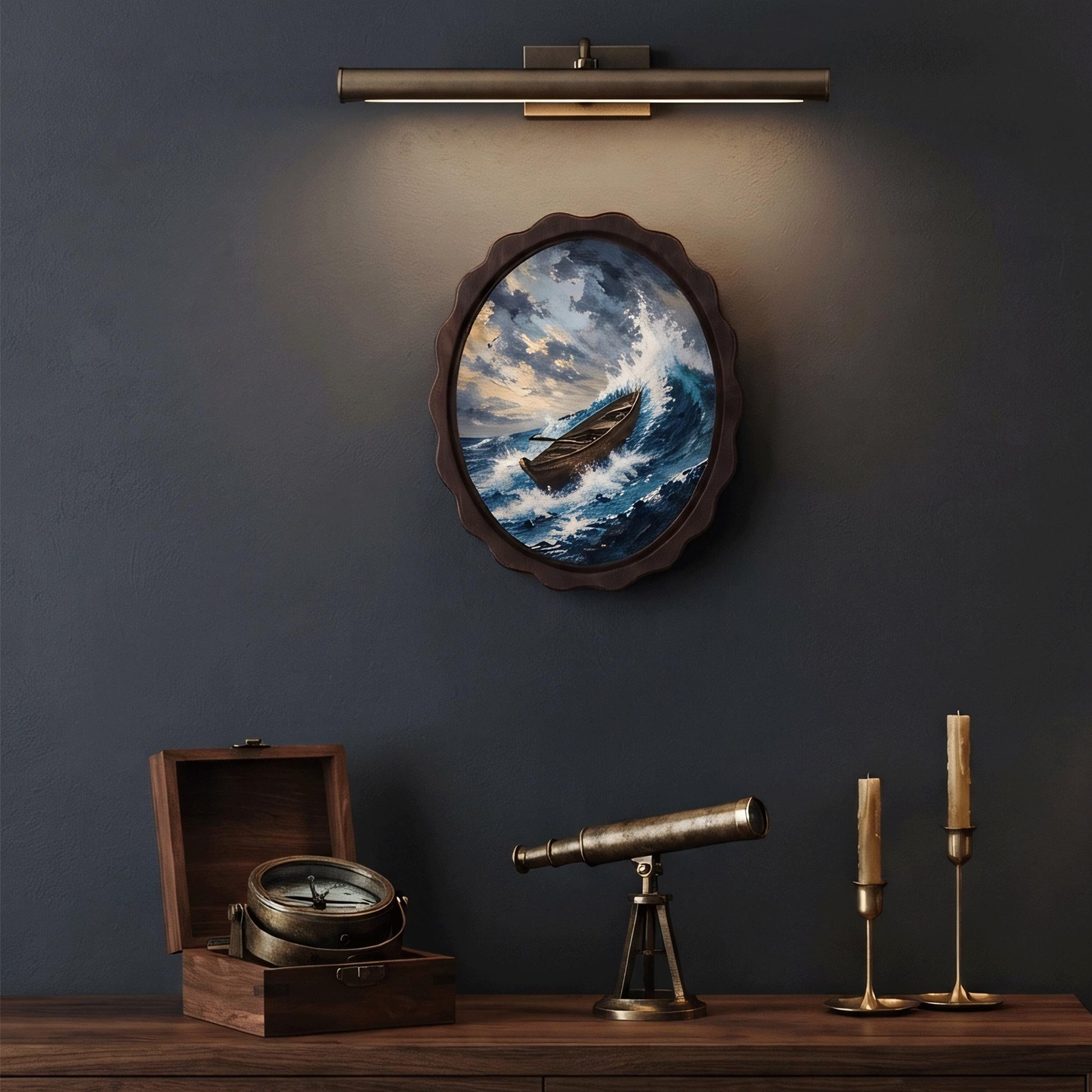 Stormy Ocean Boat Wall Art, Wavy Oval Wood Frame Canvas, Vintage Coastal Seascape Print, Nautical Home Decor, Dramatic Sea Wall Hanging - Image 5