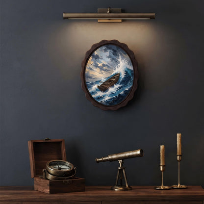 Stormy Ocean Boat Wall Art, Wavy Oval Wood Frame Canvas, Vintage Coastal Seascape Print, Nautical Home Decor, Dramatic Sea Wall Hanging - Image 5