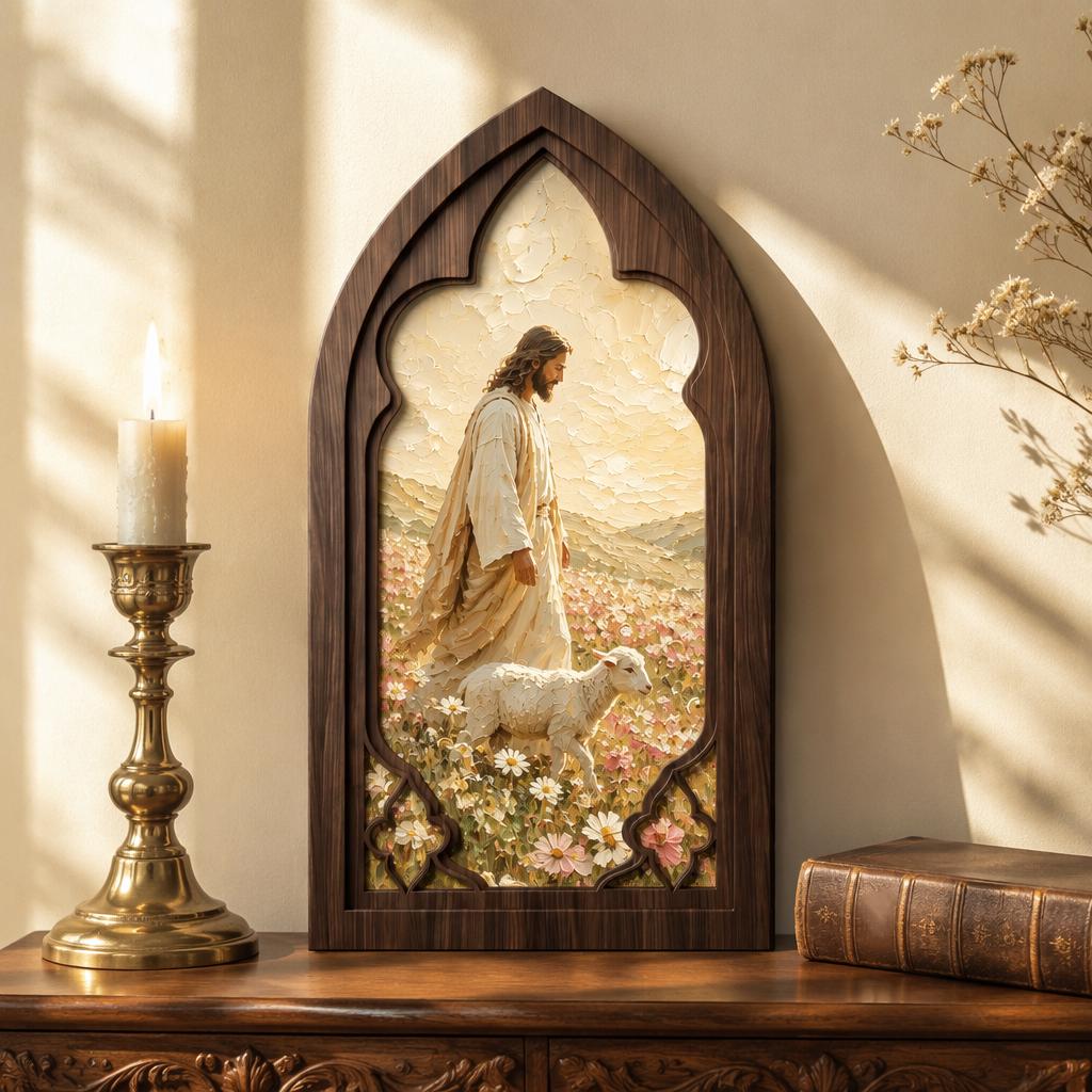 Jesus Wall Art, Gothic Window Wood Framed Canvas, The Good Shepherd Christian Wall Decor, Religious Home Decor, Faith Gift - Image 1