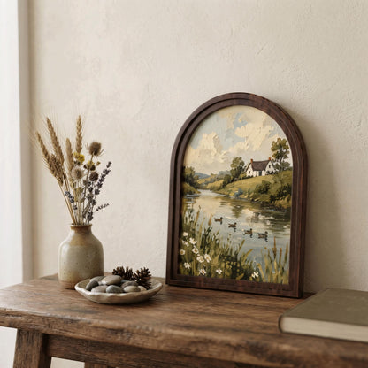 Peaceful Countryside Lake Wall Art in Arched Wood Frame, Vintage Cottage Landscape Print, Rustic Farmhouse Decor, Duck Lake Wall Hanging - Image 3