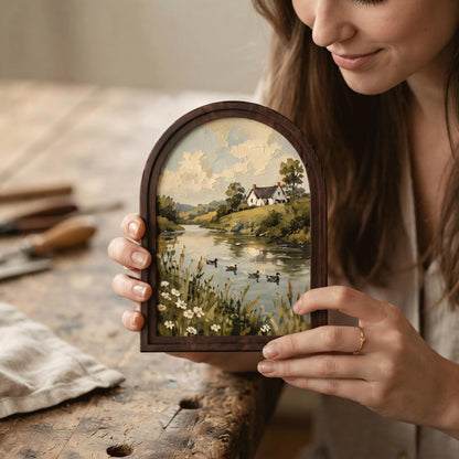 Peaceful Countryside Lake Wall Art in Arched Wood Frame, Vintage Cottage Landscape Print, Rustic Farmhouse Decor, Duck Lake Wall Hanging - Image 4