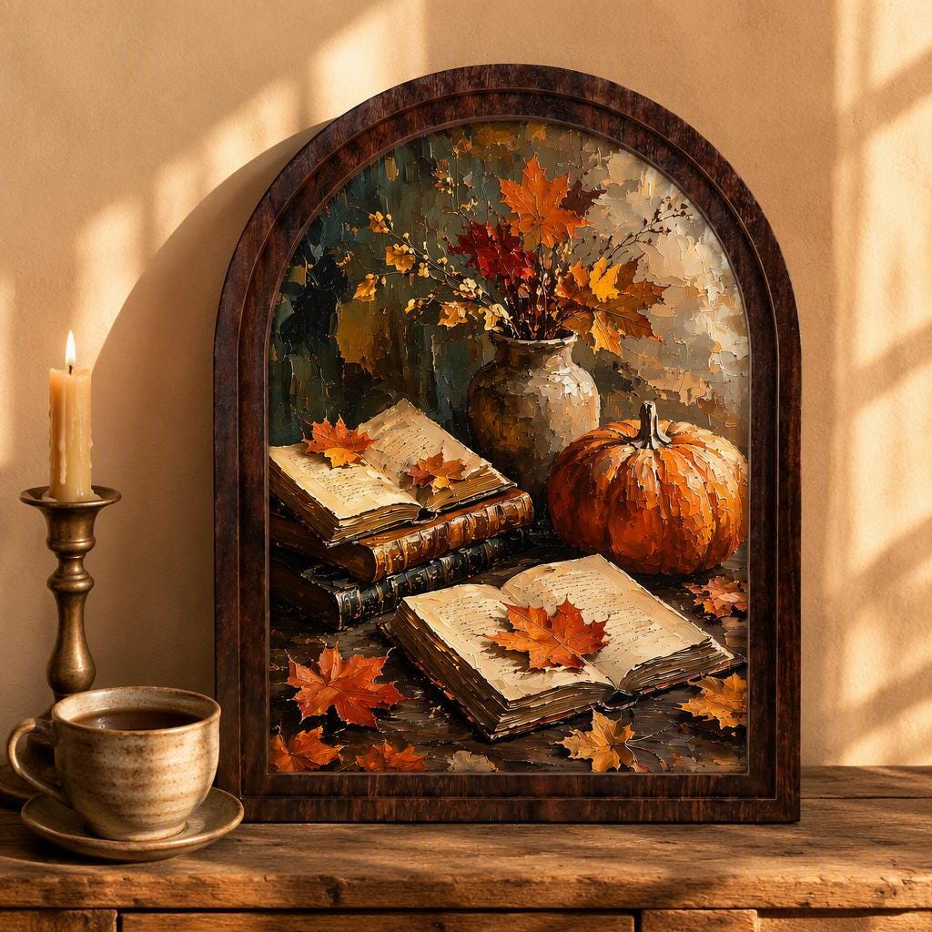 Fall Harvest Wall Art with Pumpkin, Books & Maple Leaves, Arched Wooden Frame Vintage Autumn Print, Warm Seasonal Decor - Image 2