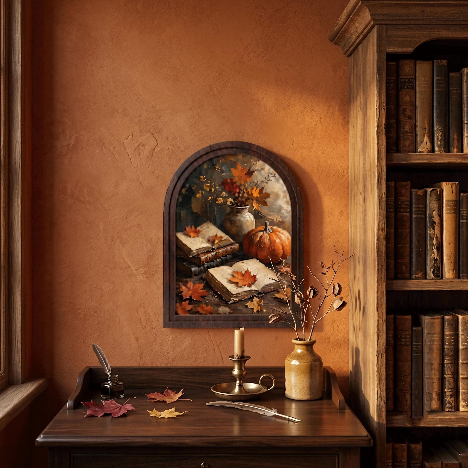 Fall Harvest Wall Art with Pumpkin, Books & Maple Leaves, Arched Wooden Frame Vintage Autumn Print, Warm Seasonal Decor - Image 4