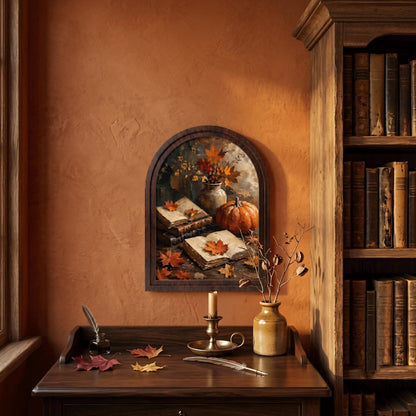 Fall Harvest Wall Art with Pumpkin, Books & Maple Leaves, Arched Wooden Frame Vintage Autumn Print, Warm Seasonal Decor - Image 4
