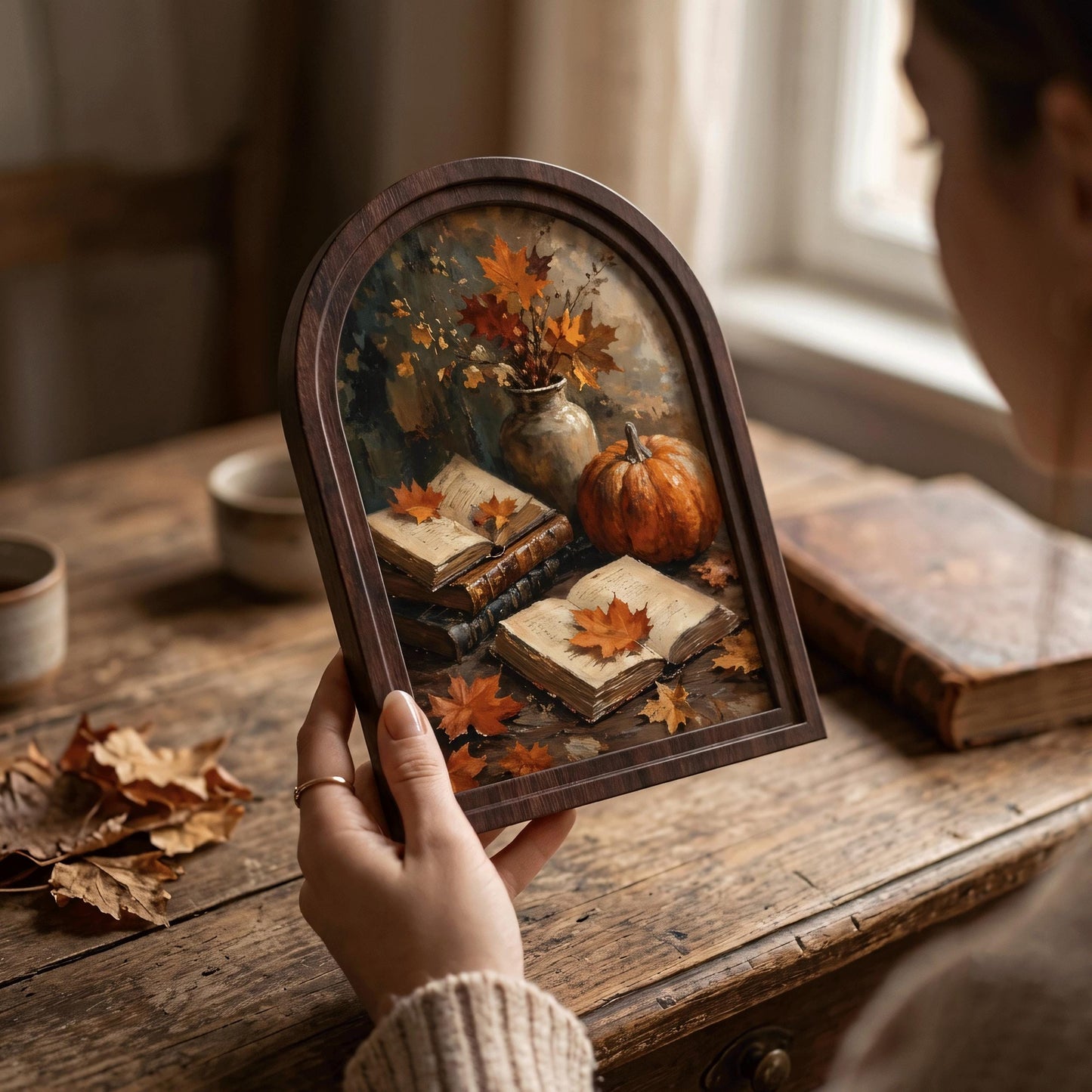 Fall Harvest Wall Art with Pumpkin, Books & Maple Leaves, Arched Wooden Frame Vintage Autumn Print, Warm Seasonal Decor - Image 6
