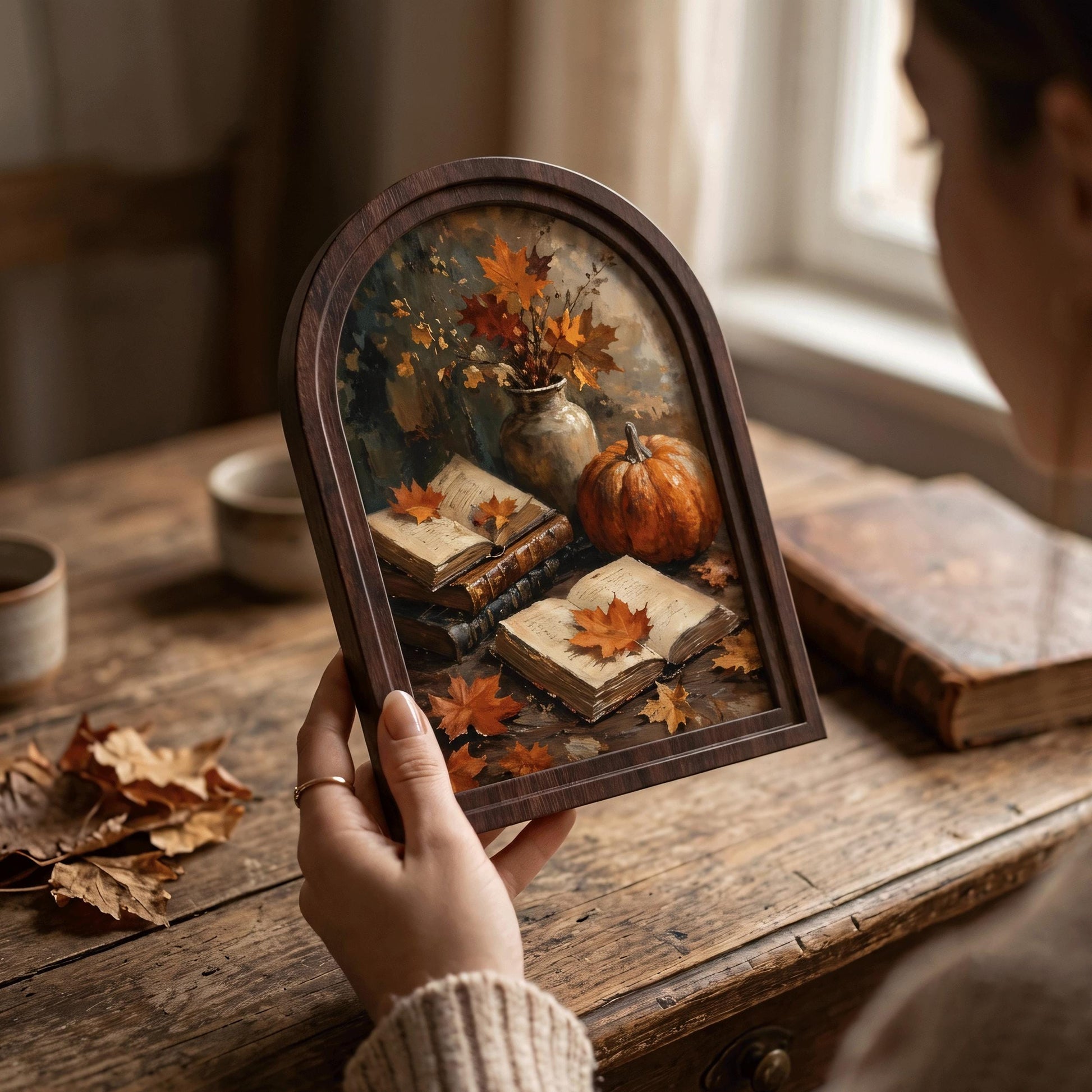 Fall Harvest Wall Art with Pumpkin, Books & Maple Leaves, Arched Wooden Frame Vintage Autumn Print, Warm Seasonal Decor - Image 6
