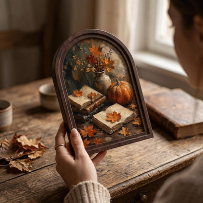 Fall Harvest Wall Art with Pumpkin, Books & Maple Leaves, Arched Wooden Frame Vintage Autumn Print, Warm Seasonal Decor - Image 6