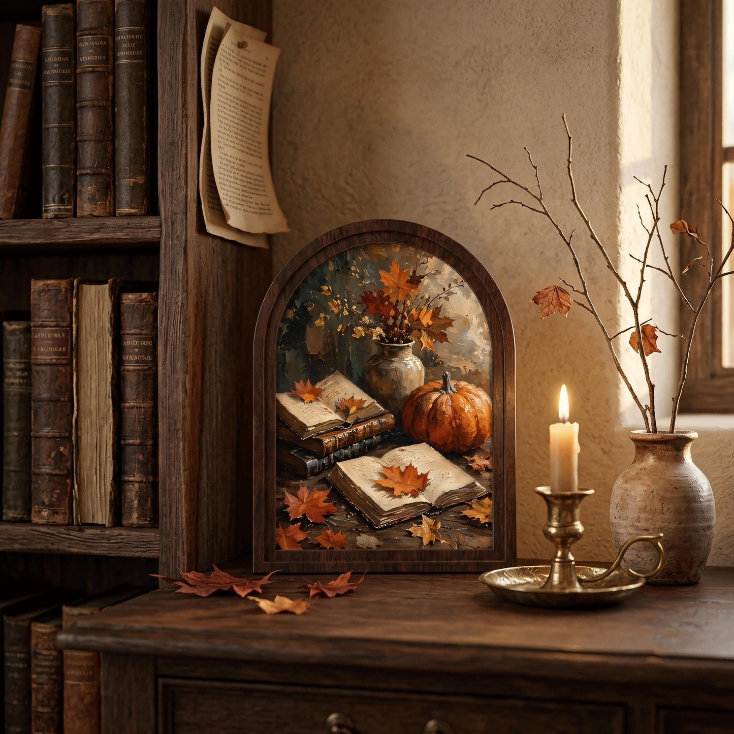 Fall Harvest Wall Art with Pumpkin, Books & Maple Leaves, Arched Wooden Frame Vintage Autumn Print, Warm Seasonal Decor - Image 3