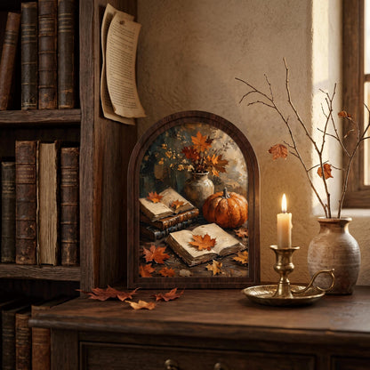 Fall Harvest Wall Art with Pumpkin, Books & Maple Leaves, Arched Wooden Frame Vintage Autumn Print, Warm Seasonal Decor - Image 3