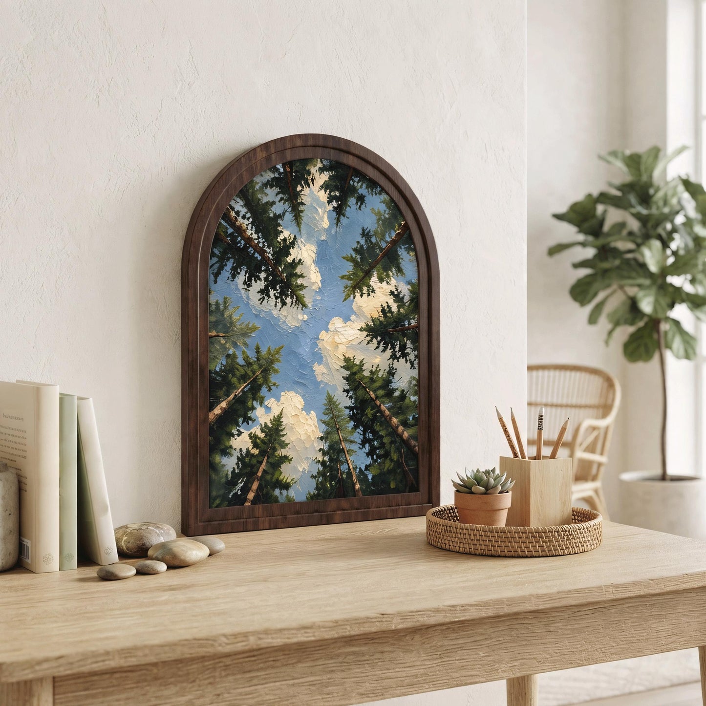 Majestic Forest Canopy Wall Art, Textured Pine Tree Sky Painting, Arched Wood Frame, Woodland Nature Decor, Cabin Wall Art Gift - Image 7
