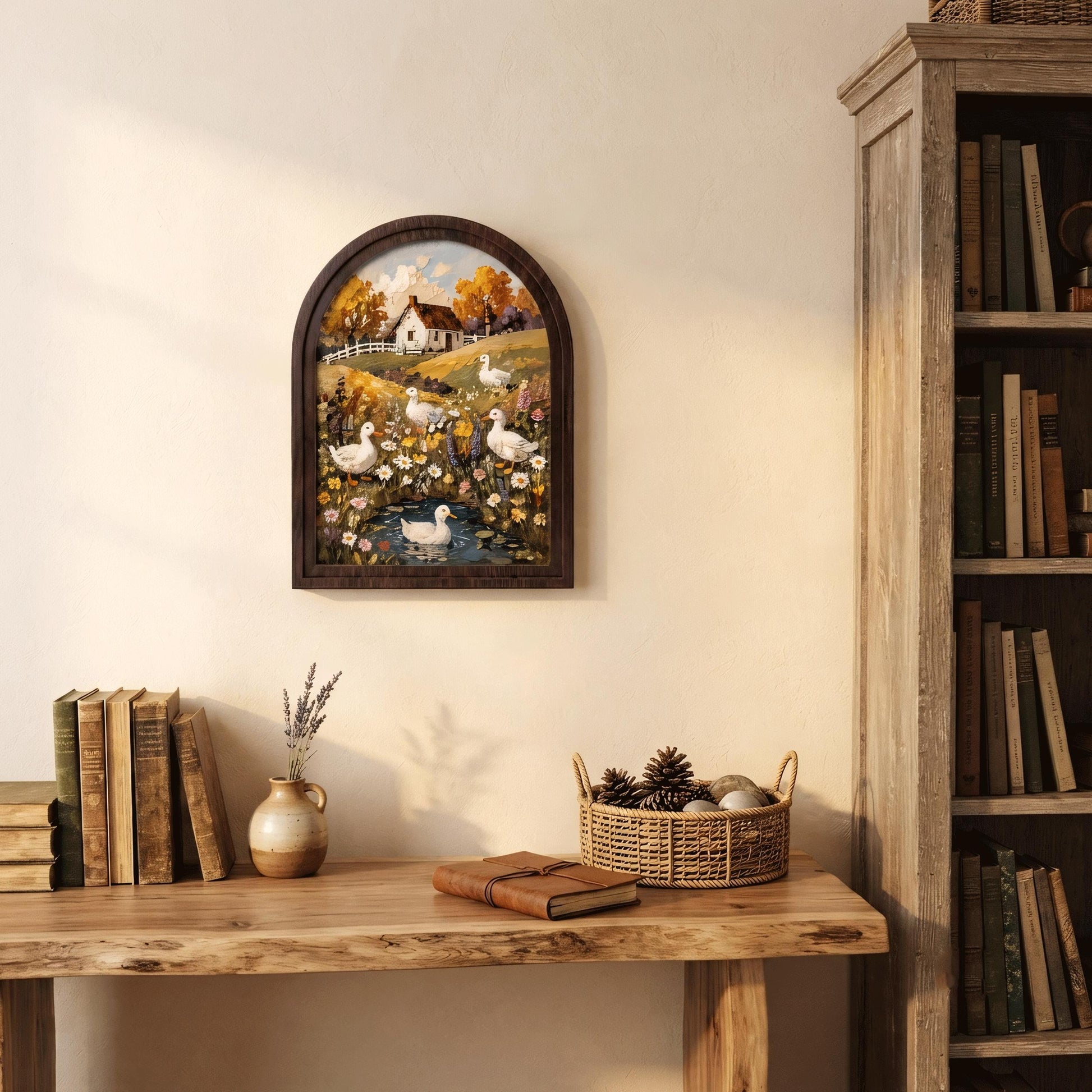 Duck Cottage Wall Art, Whimsical Farmhouse Landscape Painting, Arched Wood Frame, Country Home Decor, Cottagecore Nature Gift - Image 5