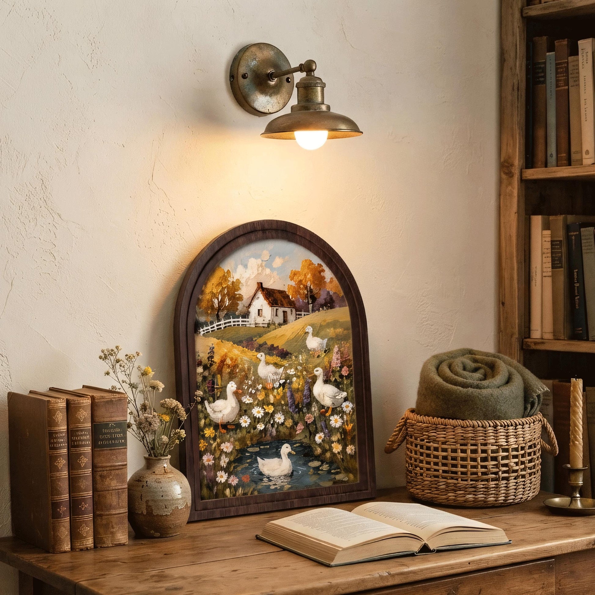 Duck Cottage Wall Art, Whimsical Farmhouse Landscape Painting, Arched Wood Frame, Country Home Decor, Cottagecore Nature Gift - Image 7