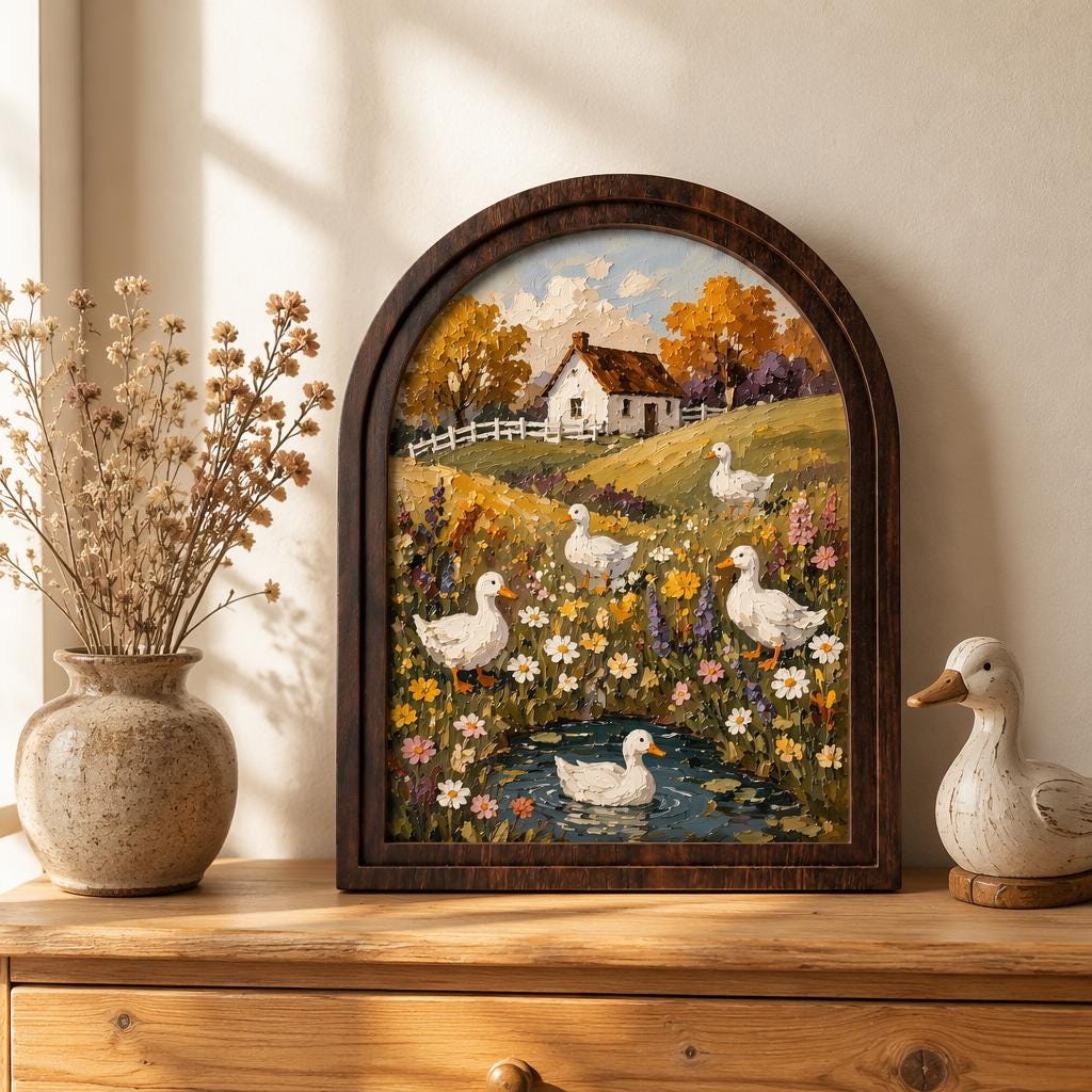Duck Cottage Wall Art, Whimsical Farmhouse Landscape Painting, Arched Wood Frame, Country Home Decor, Cottagecore Nature Gift - Image 2