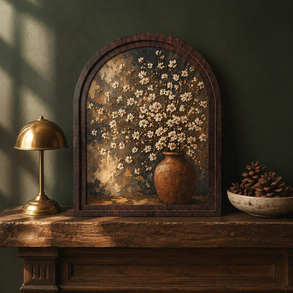 Rustic Floral Vase Wall Art, White Wildflower Still Life Painting, Arched Wood Frame, Farmhouse Home Decor, Vintage Botanical Gift - Image 4