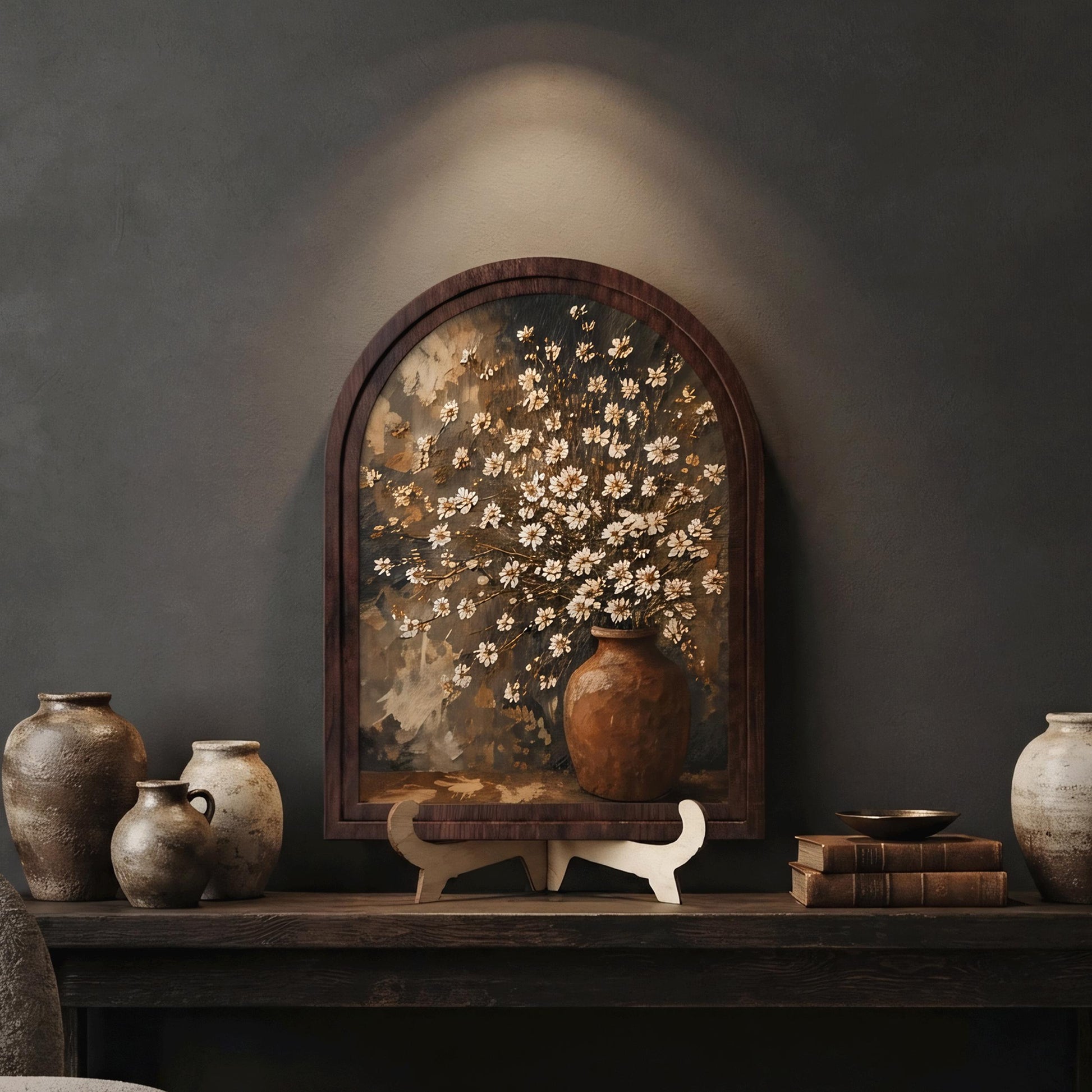 Rustic Floral Vase Wall Art, White Wildflower Still Life Painting, Arched Wood Frame, Farmhouse Home Decor, Vintage Botanical Gift - Image 8