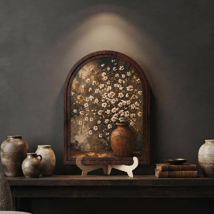 Rustic Floral Vase Wall Art, White Wildflower Still Life Painting, Arched Wood Frame, Farmhouse Home Decor, Vintage Botanical Gift - Image 8