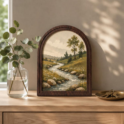 Peaceful River Landscape Wall Art, Arched Wood Framed, Rustic Countryside Painting, Serene Nature Wall Decor, Farmhouse Wall Hanging - Image 3