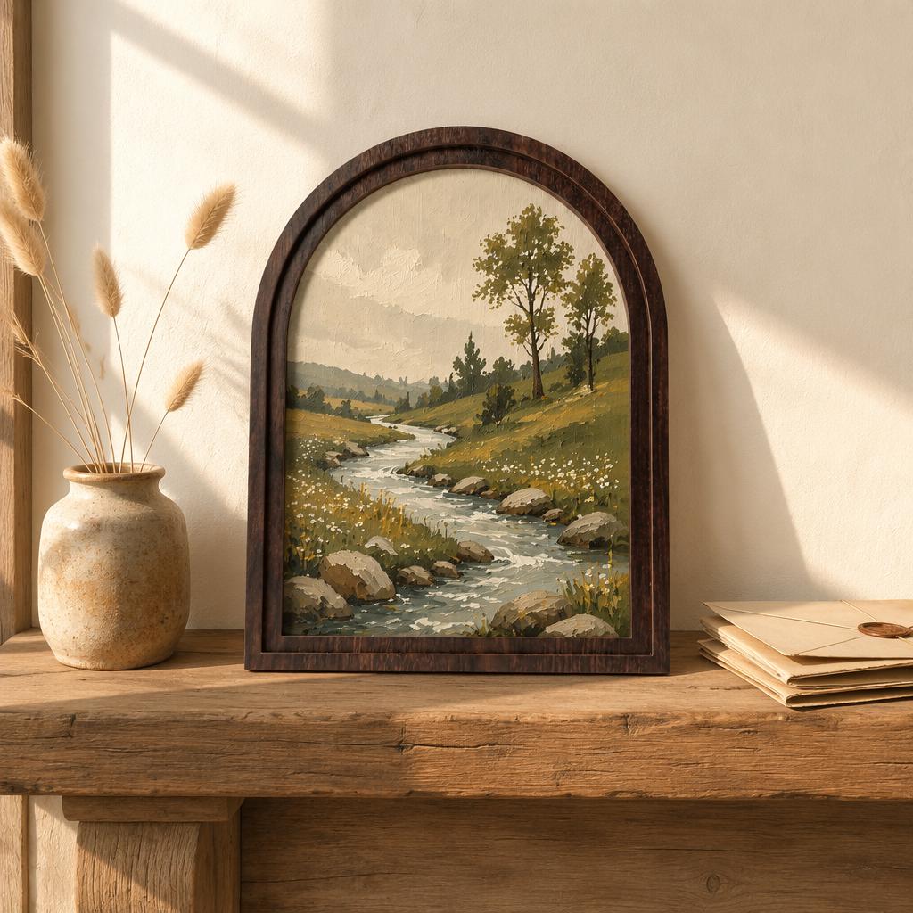 Peaceful River Landscape Wall Art, Arched Wood Framed, Rustic Countryside Painting, Serene Nature Wall Decor, Farmhouse Wall Hanging - Image 1