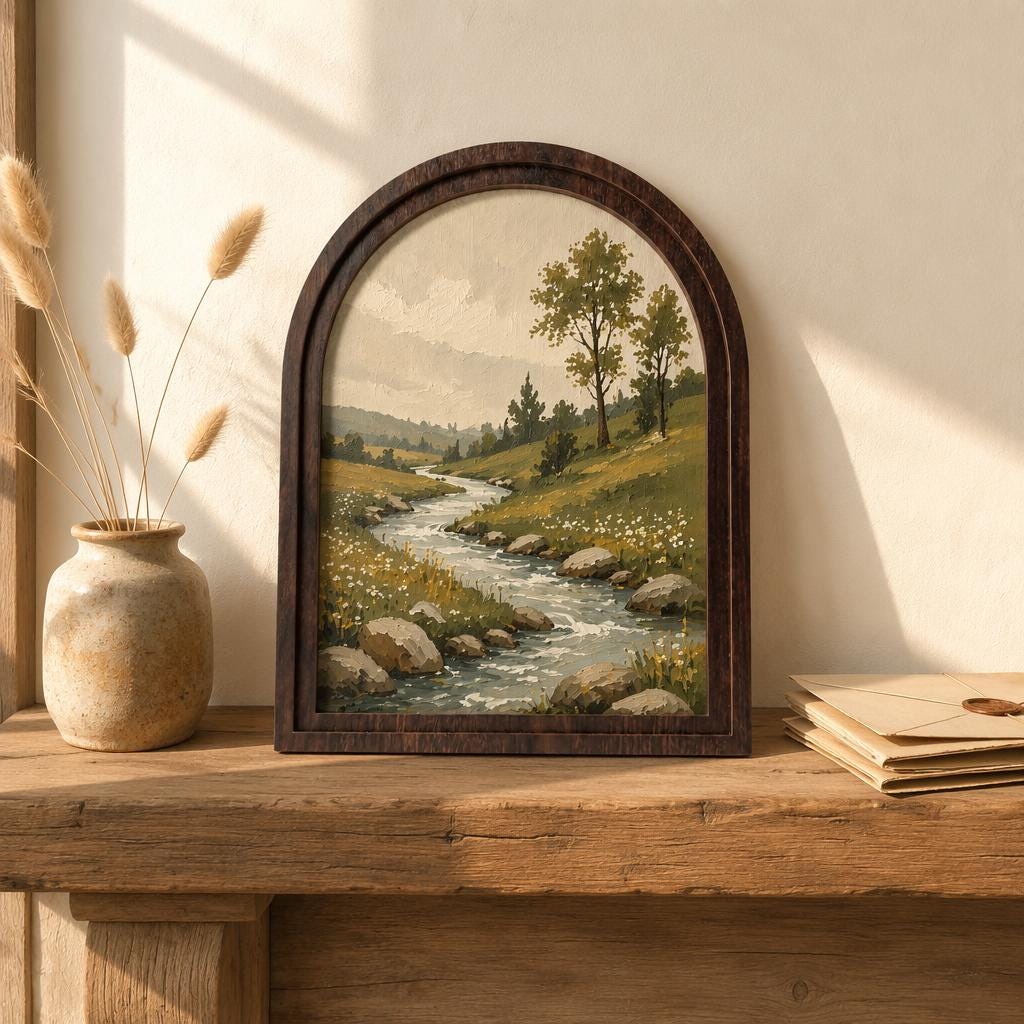 Peaceful River Landscape Wall Art, Arched Wood Framed, Rustic Countryside Painting, Serene Nature Wall Decor, Farmhouse Wall Hanging - Image 2