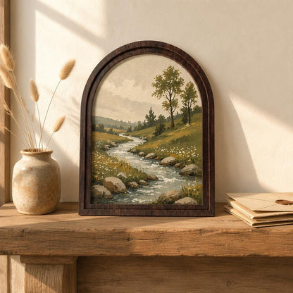 Peaceful River Landscape Wall Art, Arched Wood Framed, Rustic Countryside Painting, Serene Nature Wall Decor, Farmhouse Wall Hanging - Image 2