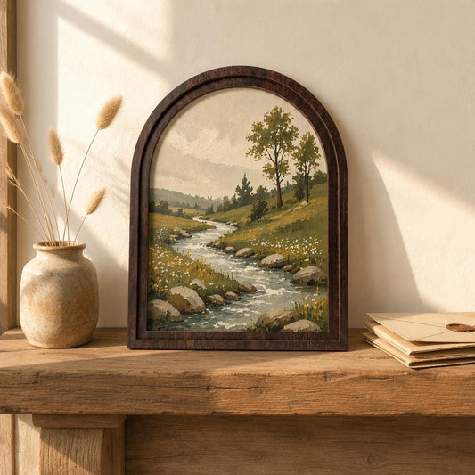 Peaceful River Landscape Wall Art, Arched Wood Framed, Rustic Countryside Painting, Serene Nature Wall Decor, Farmhouse Wall Hanging - Image 2
