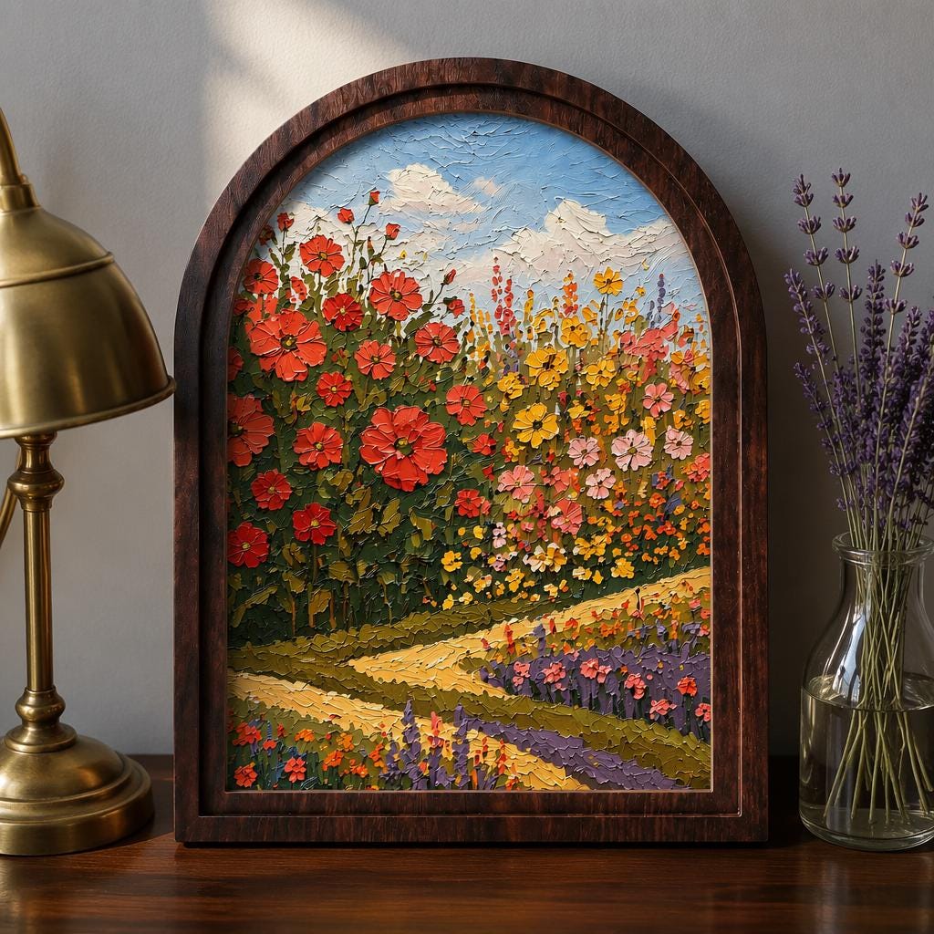 Blooming Flower Field Wall Art, Arched Wooden Frame, Colorful Botanical Landscape Print, Farmhouse Cottagecore Decor, Cheerful Home Gift - Image 2