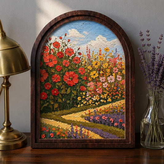 Blooming Flower Field Wall Art, Arched Wooden Frame, Colorful Botanical Landscape Print, Farmhouse Cottagecore Decor, Cheerful Home Gift - Image 2
