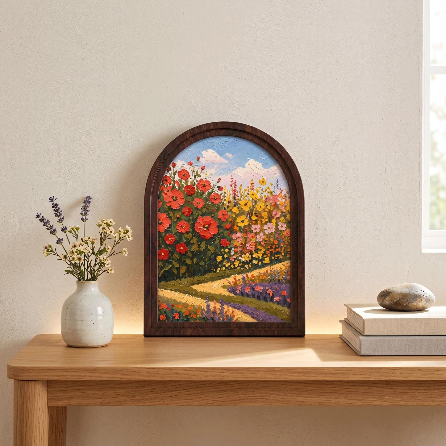 Blooming Flower Field Wall Art, Arched Wooden Frame, Colorful Botanical Landscape Print, Farmhouse Cottagecore Decor, Cheerful Home Gift - Image 3